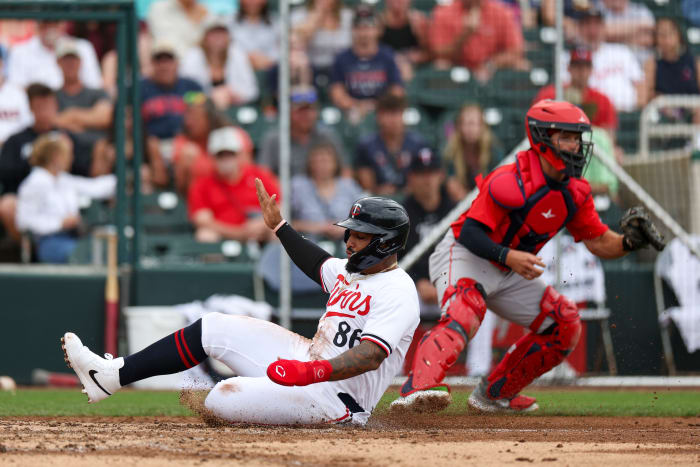 Minnesota Twins catcher Chris Williams scores a run against the Boston Red Sox in the sixth inning at Hammond Stadium in Fort Myers, Fla., on March 6, 2024.